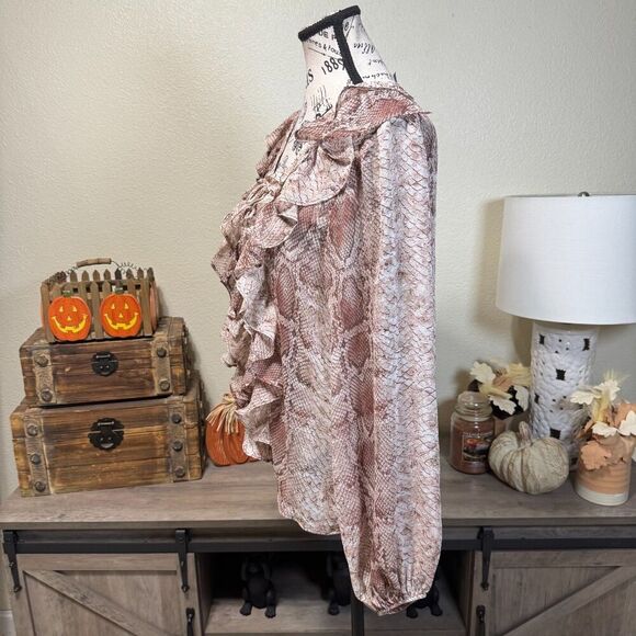 Anthropologie Snake Print Ruffled V Neck Long Sleeve Blouse Sz M Classic Boho - Picture 3 of 10